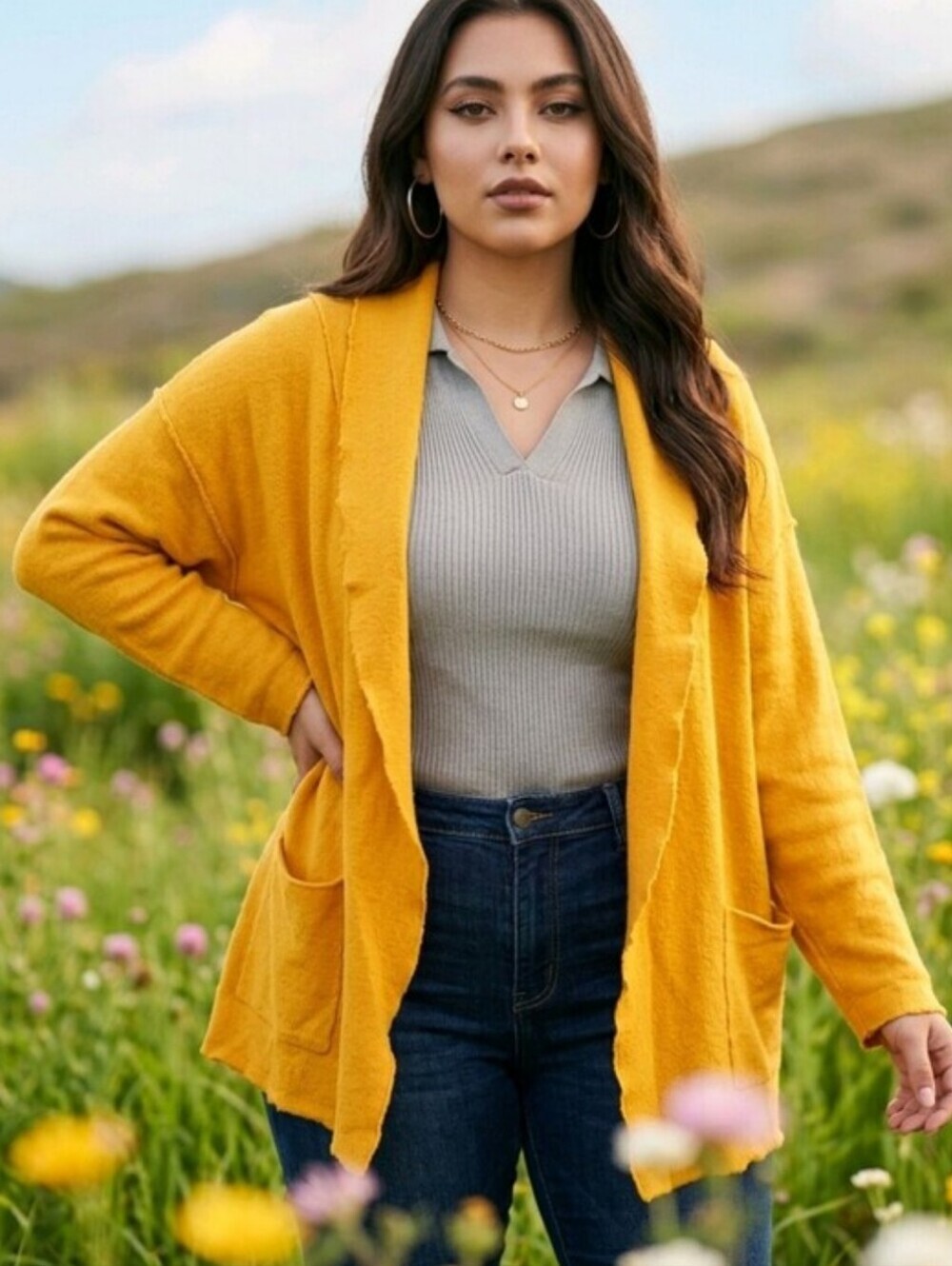 Jessica London Women's Open Front Cardigan Sweater - Mustard